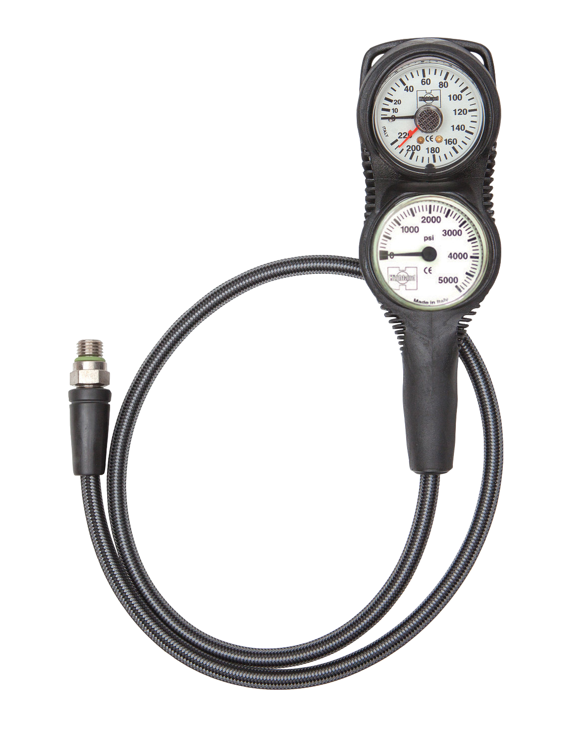 XS Scuba Highland Pressure & Depth Two Gauge Console – Thin-Line SPG with Miflex Hose