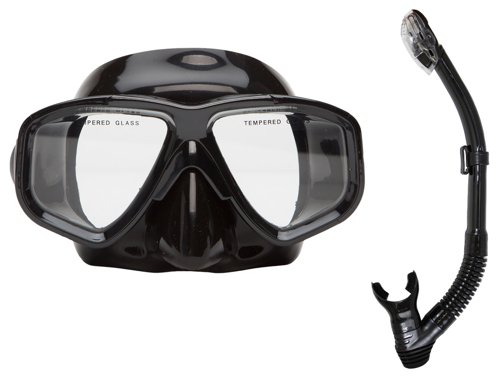 OceanWays Caribbean Mask & Dry Snorkel Combo – Tempered Glass Snorkeling Set Black