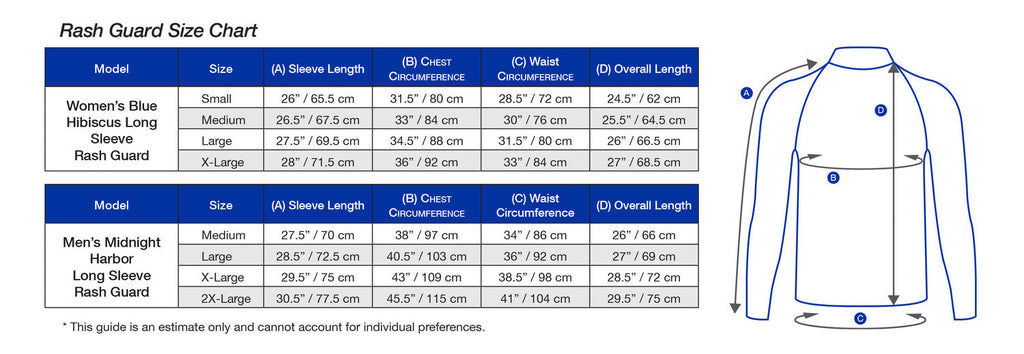 XS Scuba Performance Rash Guard – SPF 50 Long Sleeve Dive & Watersports Protection Shirt - Size Chart