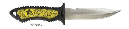 XS Scuba Neuro Dive Knife – 4.5" 304 Stainless Steel Dive Knife with Serrated Edge & Line Cutter Yellow