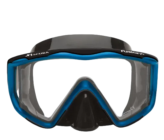 XS Scuba OceanWays Fusion 3 Mask – Panoramic Three Window Scuba Diving & Snorkeling Mask Black Silicone Blue Ice
