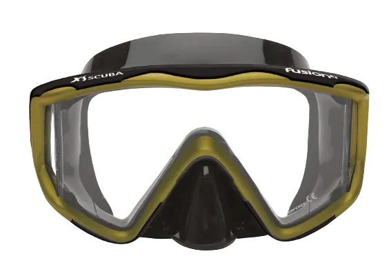 XS Scuba OceanWays Fusion 3 Mask – Panoramic Three Window Scuba Diving & Snorkeling Mask Black Silicone Flash Gold
