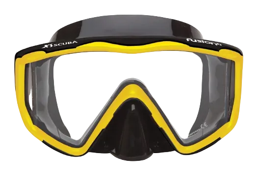 XS Scuba OceanWays Fusion 3 Mask – Panoramic Three Window Scuba Diving & Snorkeling Mask Black Silicone Yellow